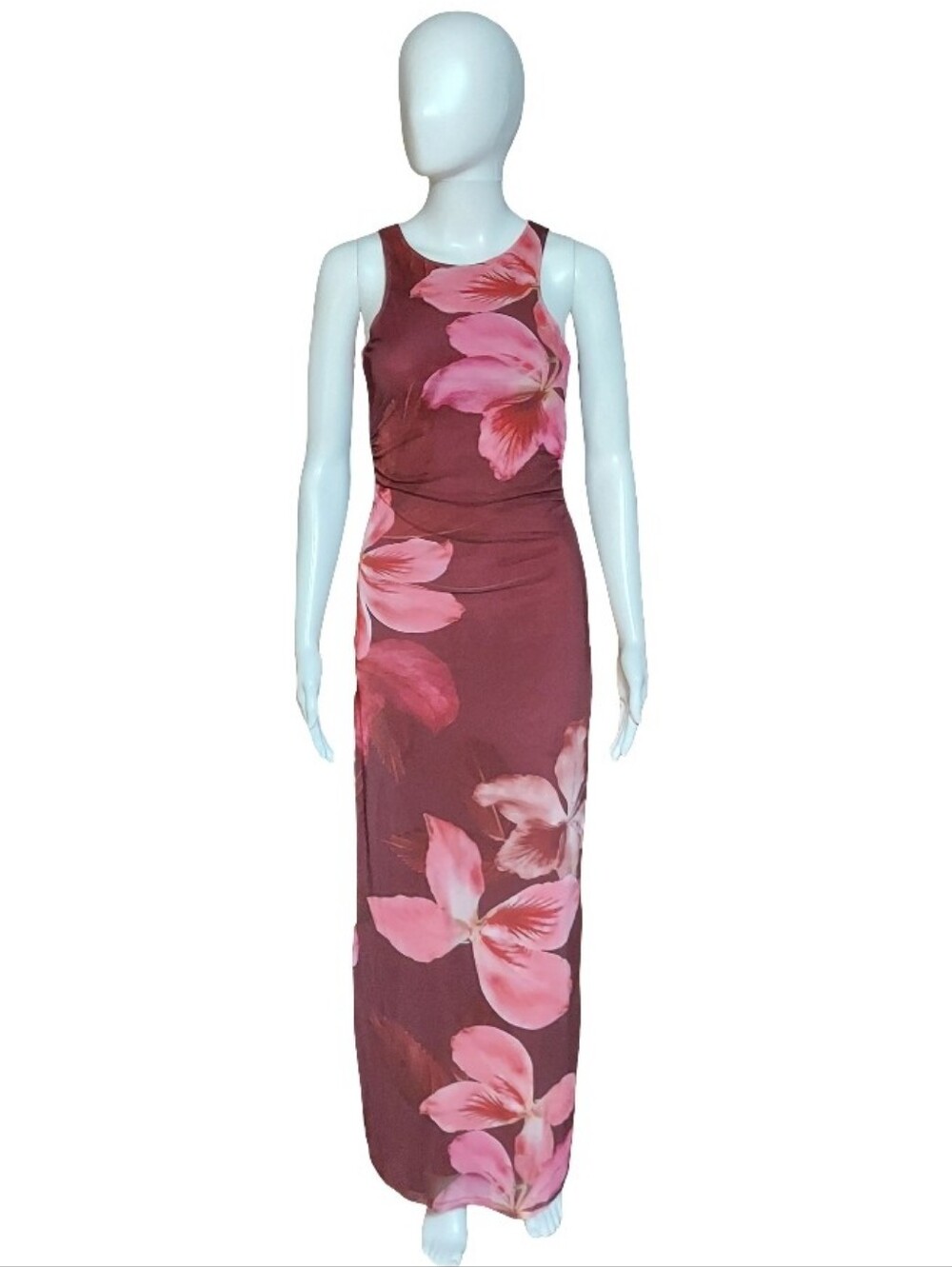 THIRTY/THIRTY LA Floral Mesh Overlay Ruched Maxi Dress